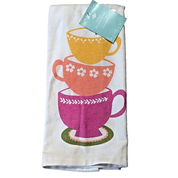 Ritz Joyful Tea Stack Kitchen Towels Pink Orange Yellow Teacups Cotton 2-Pc Gift - Picture 1 of 5